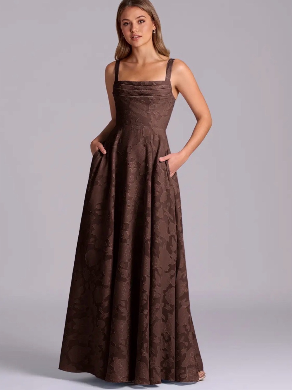 Azazie Shaude Espresso A-Line Pleated Floral Burnout Dress Size 12